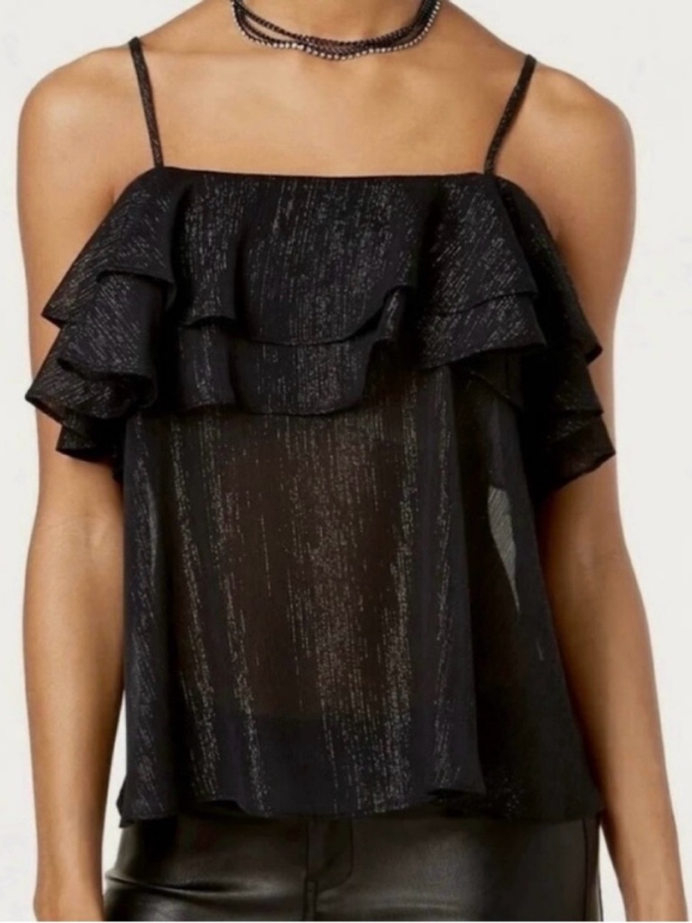 The Edit By Seventeen Black Semi Sheer Metallic Sheen Flounce Tank Top Size M